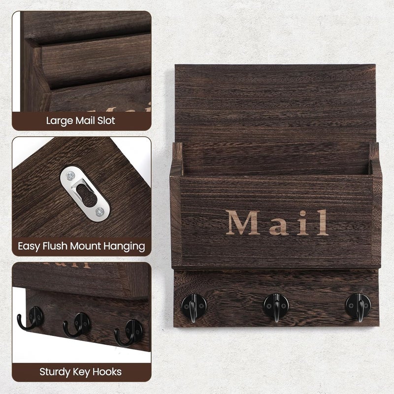 Lucundm Mail and Key Holder - Decorative 9.8" x 12.5" Wall Key Hanger with 2 Mail Organizer Slots and 3 Hooks - Real Paulownia Wood with Keyhole Brackets, Hardware and Instructions (Brown) - Image 3